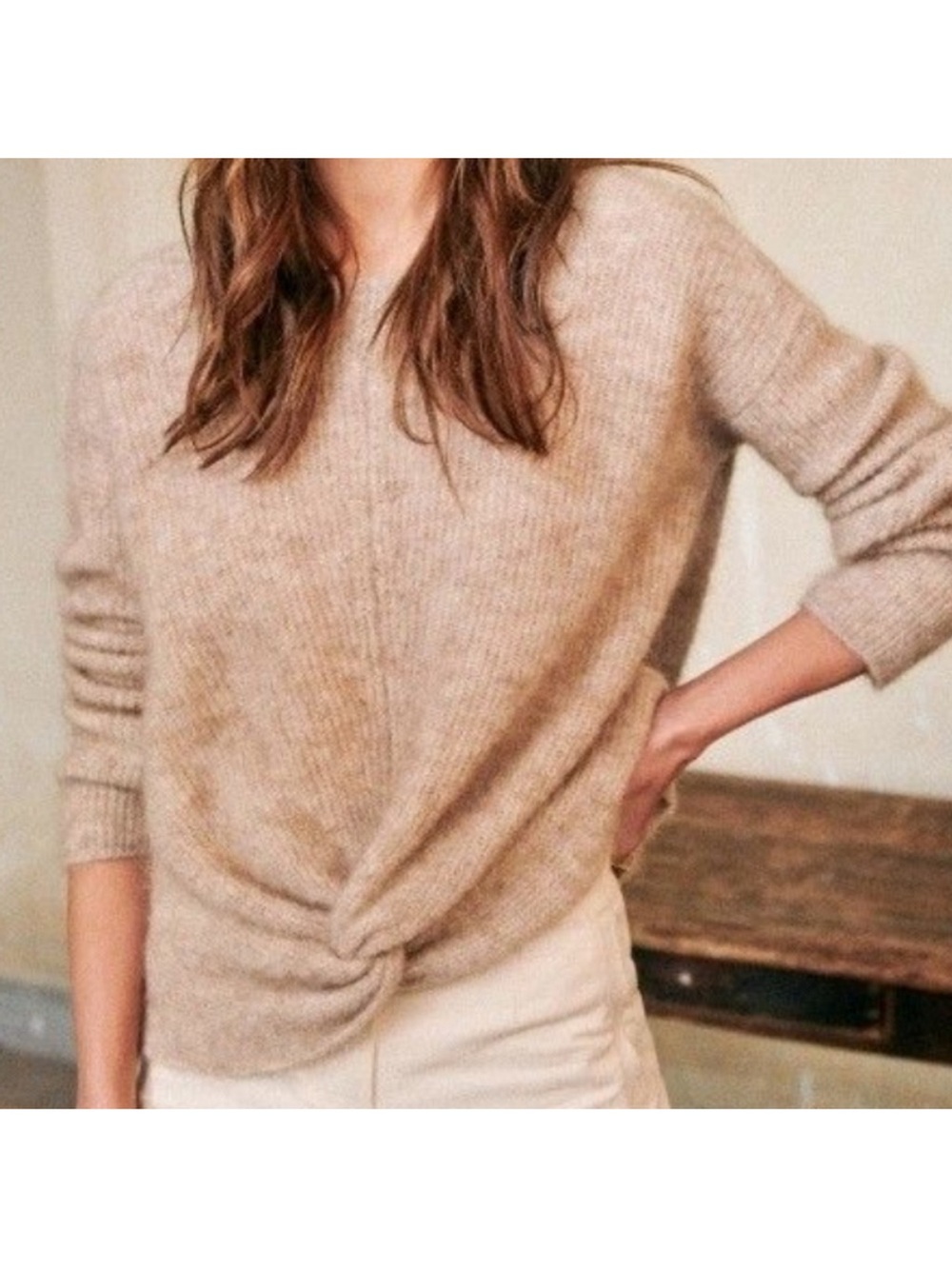 Sezane Twist-Front V-Neck Sweater - Beige